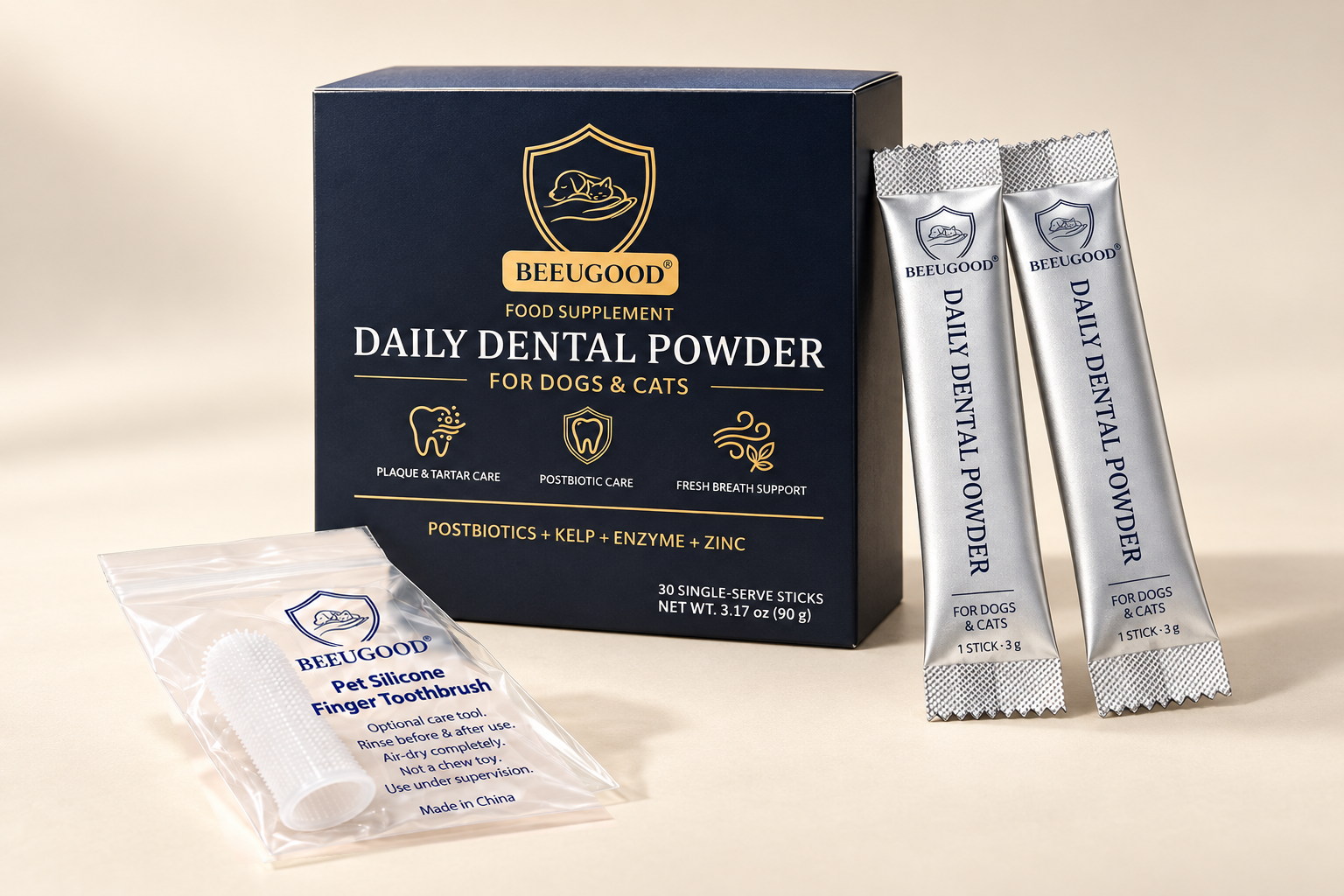 BEEUGOOD dental powder box, silver sticks and included silicone finger toothbrush